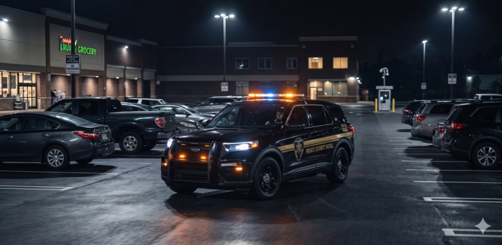 Black SUV labeled Private Security Patrol with flashing amber and blue lights in a dimly lit parking lot at night near a grocery store.