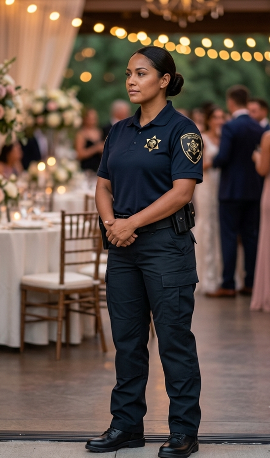 Female police officer in a dark navy uniform stands with hands clasped at a formal reception, string lights in the background.