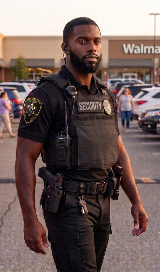 Security officer in black uniform with radio and badge standing in Walmart parking lot outside the store.